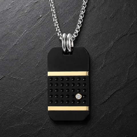 Stainless Steel Matte Dog Tag Pendant Necklace Gold Black Contrast Single Rhinestone Hip Hop Jewelry For Men Women
