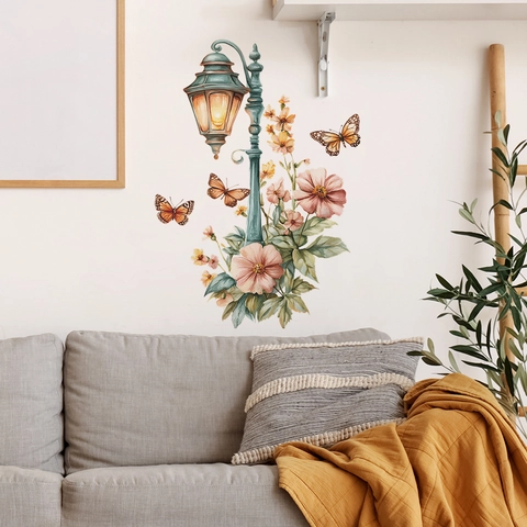 Adesivo Murale Vintage Lampione Fiori Farfalla Acquerello PVC Decalcomania Per Camera Da Letto Soggiorno Decorazione Casa