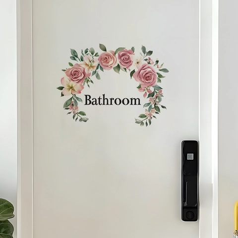 Pegatina de Pared de Baño Floral Guirlanda de Rosas Rosas PVC Impermeable Autoadhesivo Letrero para Puerta Decoración del Hogar Fondo Arte de Pared