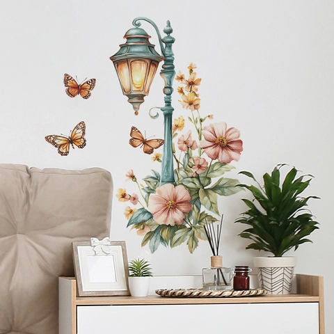 Adesivo Murale Vintage Lampione Fiori Farfalla Acquerello PVC Decalcomania Per Camera Da Letto Soggiorno Decorazione Casa