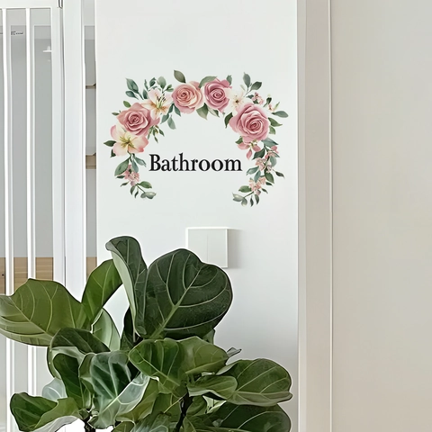 Pegatina de Pared de Baño Floral Guirlanda de Rosas Rosas PVC Impermeable Autoadhesivo Letrero para Puerta Decoración del Hogar Fondo Arte de Pared