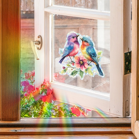 Regenboog Suncatcher Vensterstickers Laser PVC Venstersticker Vogel En Bloemen Patroon Decoratieve Glasstickers Voor Huis