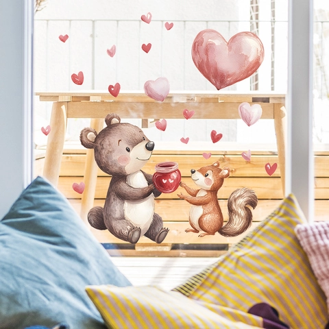 Valentinstag Aquarell Bär Eichhörnchen Herz Fensteraufkleber PVC Cartoon Tier Glasaufkleber Für Wohnzimmer Dekoration