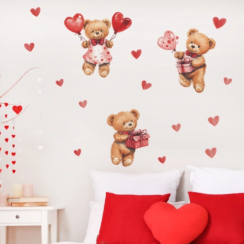 Pegatinas De Pared De Corazón De Oso De Peluche En Acuarela De San Valentín Pegatinas Decorativas De Pared De Oso De Dibujos Animados