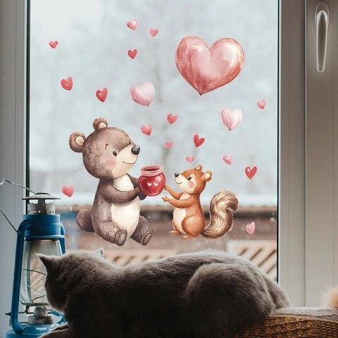 Valentinstag Aquarell Bär Eichhörnchen Herz Fensteraufkleber PVC Cartoon Tier Glasaufkleber Für Wohnzimmer Dekoration