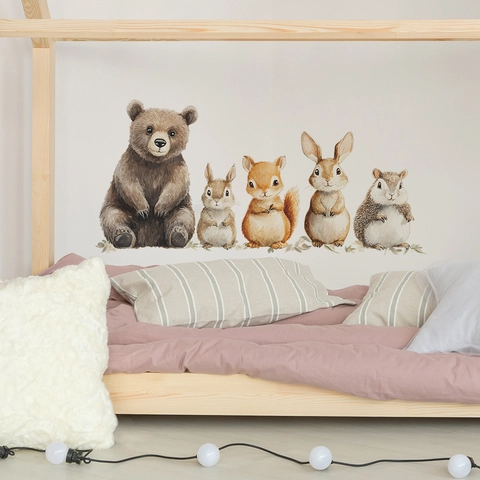 Watercolor Forest Animal Wall Stickers Cartoon Bear Rabbit Squirrel PVC Self Adhesive Decal For Nursery Kids Room Decor