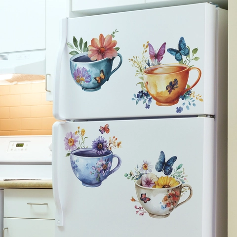Aquarell Teetasse Blumen Wandaufkleber Selbstklebende PVC Aufkleber Für Küche Esszimmer Zuhause Hintergrund Dekoration