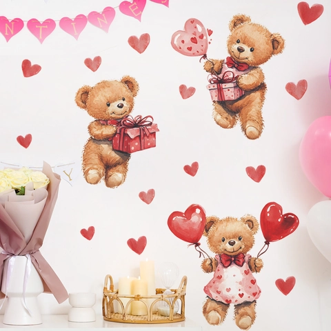 Pegatinas De Pared De Corazón De Oso De Peluche En Acuarela De San Valentín Pegatinas Decorativas De Pared De Oso De Dibujos Animados