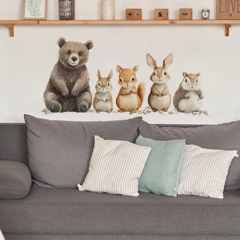 Watercolor Forest Animal Wall Stickers Cartoon Bear Rabbit Squirrel PVC Self Adhesive Decal For Nursery Kids Room Decor