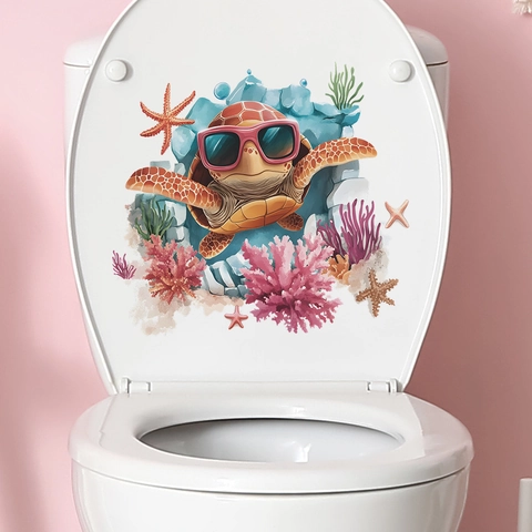 Ocean Theme Sea Turtle Coral Starfish Toilet Sticker 3D Underwater World Bathroom Decoration PVC Waterproof Wall Sticker