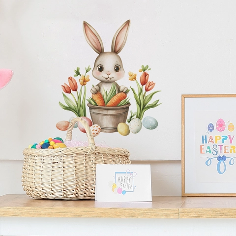 Easter Bunny Wall Stickers PVC Watercolor Rabbits Eggs Tulips Decals For Bedroom Living Room Background Home Decoration