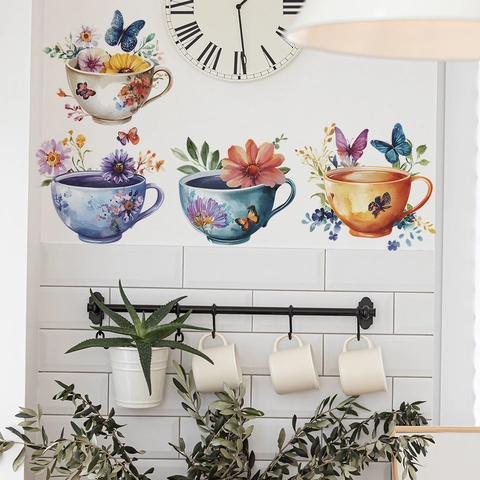 Aquarell Teetasse Blumen Wandaufkleber Selbstklebende PVC Aufkleber Für Küche Esszimmer Zuhause Hintergrund Dekoration