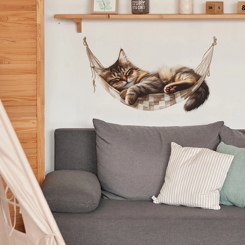 Creative Sleeping Cat In Hammock Wall Sticker PVC Waterproof Removable Animal Mural For Living Room Bedroom Home Decor