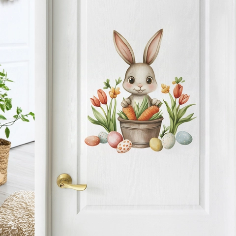 Easter Bunny Wall Stickers PVC Watercolor Rabbits Eggs Tulips Decals For Bedroom Living Room Background Home Decoration