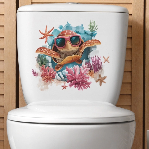 Ocean Theme Sea Turtle Coral Starfish Toilet Sticker 3D Underwater World Bathroom Decoration PVC Waterproof Wall Sticker