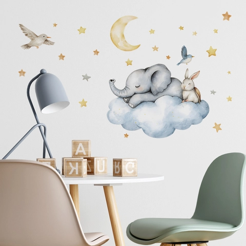 Pegatina de Pared Elefante Conejo Dibujos Animados Acuarela PVC Removible Nubes Luna Estrellas Calcomanía para Dormitorio Infantil