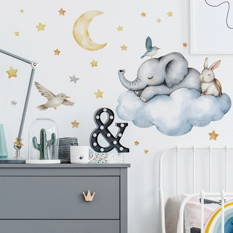 Pegatina de Pared Elefante Conejo Dibujos Animados Acuarela PVC Removible Nubes Luna Estrellas Calcomanía para Dormitorio Infantil