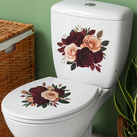Vintage Realistic Rose Flower Toilet Sticker Waterproof PVC Self Adhesive Floral Decals For Bathroom Toilet Lid Tank Home Decor
