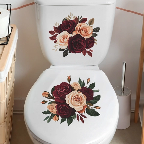 Vintage Realistic Rose Flower Toilet Sticker Waterproof PVC Self Adhesive Floral Decals For Bathroom Toilet Lid Tank Home Decor