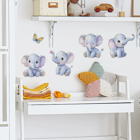 Simpatici Adesivi Murali Elefante Cartone Animato PVC Acquerello Decalcomanie Animali per Cameretta Bambini Camera da Letto