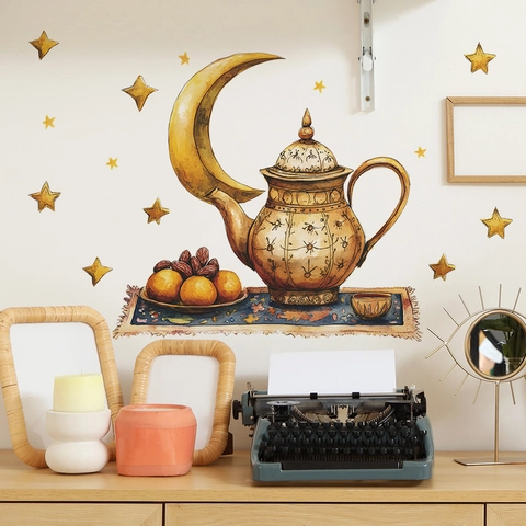 Ramadan Mond Teekanne Sterne Wandtattoo Aquarell Arabisch Eid Dekor PVC Aufkleber Für Wohnzimmer Schlafzimmer Küche Wohnkultur