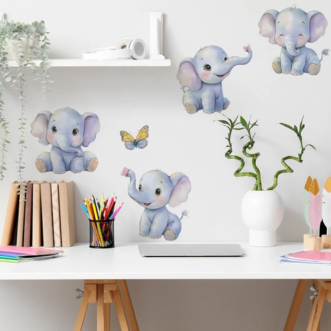 Simpatici Adesivi Murali Elefante Cartone Animato PVC Acquerello Decalcomanie Animali per Cameretta Bambini Camera da Letto