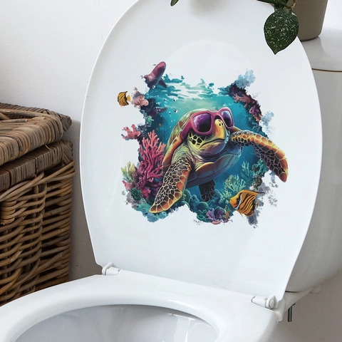 Kreativer Meeresschildkröte Unterwasserwelt Toilettenaufkleber Wasserdicht PVC Bad Dekoration Cartoon Koralle Fisch Wandsticker