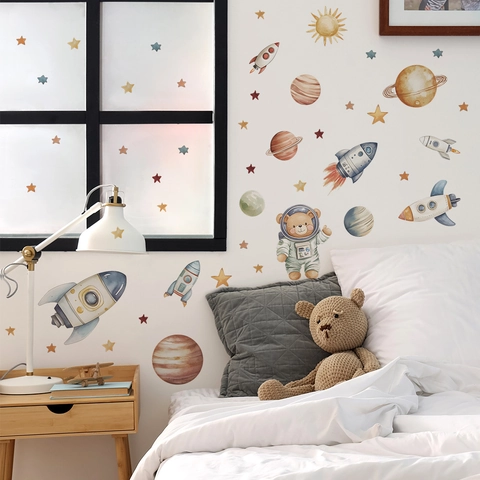 Aquarell Weltraum Astronaut Bär Rakete Wandaufkleber Cartoon Planet Stern PVC Wandtattoo Für Kinderzimmer Haus Deko