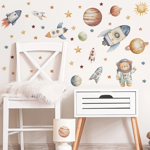 Aquarell Weltraum Astronaut Bär Rakete Wandaufkleber Cartoon Planet Stern PVC Wandtattoo Für Kinderzimmer Haus Deko