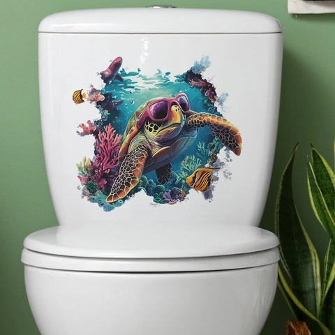 Kreativer Meeresschildkröte Unterwasserwelt Toilettenaufkleber Wasserdicht PVC Bad Dekoration Cartoon Koralle Fisch Wandsticker
