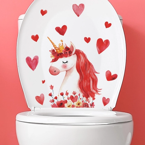 Cartoon Einhorn Herz Toilettenaufkleber PVC Wasserdicht Aquarell Handgemalt Badezimmer Wandtattoo Für Toilettendeckel Deko