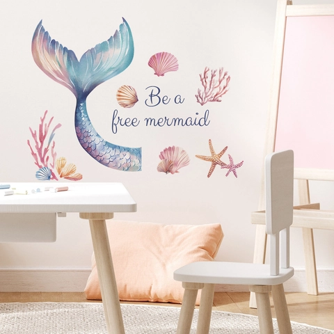 Watercolor Mermaid Tail Wall Stickers DIY Sea Shell Starfish PVC Wall Decals For Kids Girl Bedroom Living Room Home Decor