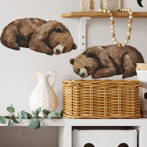Vinilos Decorativos de Oso Pardo Durmiendo en Acuarela PVC Calcomanías de Animales para Habitación Infantil Decoración del Hogar