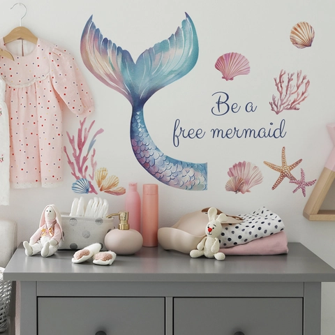 Watercolor Mermaid Tail Wall Stickers DIY Sea Shell Starfish PVC Wall Decals For Kids Girl Bedroom Living Room Home Decor