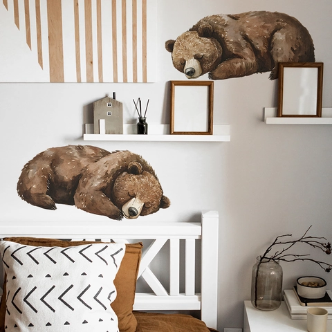 Vinilos Decorativos de Oso Pardo Durmiendo en Acuarela PVC Calcomanías de Animales para Habitación Infantil Decoración del Hogar