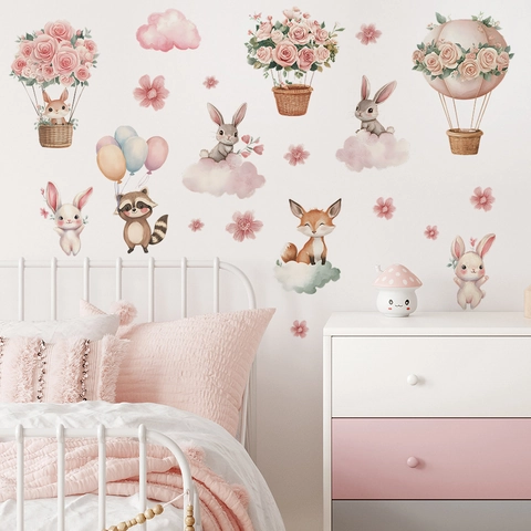 Cartoon Aquarell Tiere Wandaufkleber Hase Waschbär Blumenkorb Heißluftballon Rosa Wolken Dekorative Wandtattoos