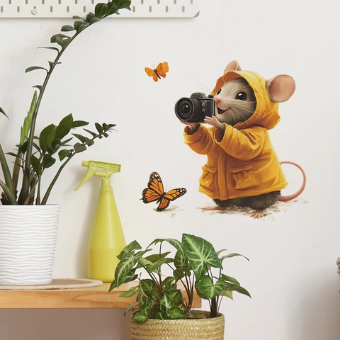 Cartoon Mouse Photography With Butterfly PVC Wall Sticker Removable DIY Waterproof Home Decor Decal For Kids Room Living Room