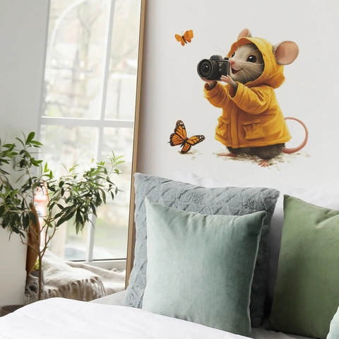 Cartoon Mouse Photography With Butterfly PVC Wall Sticker Removable DIY Waterproof Home Decor Decal For Kids Room Living Room