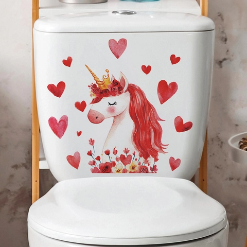 Cartoon Einhorn Herz Toilettenaufkleber PVC Wasserdicht Aquarell Handgemalt Badezimmer Wandtattoo Für Toilettendeckel Deko