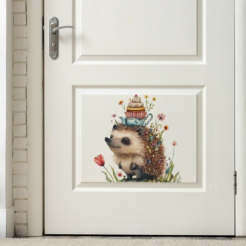 Linda Pegatina de Pared de Erizo de Acuarela Con Cupcake y Flores PVC Autoadhesiva Decoración para Cuarto de Niños Pegatinas