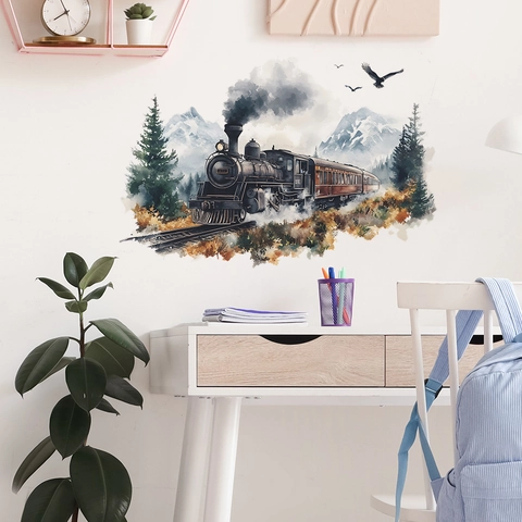 Sticker Mural Train à Vapeur Aquarelle Locomotive Rétro Montagne Pin PVC Auto Adhésif Mural Salon Chambre