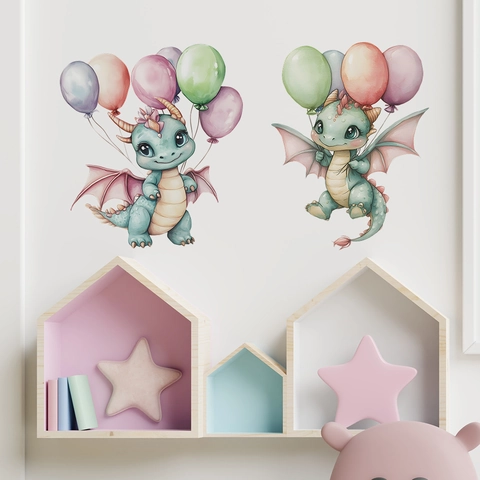 Watercolor Cartoon Dinosaur Wall Sticker Holding Balloons For Kids Nursery Room Decor Removable PVC Wall Decal Home Background Art Mural