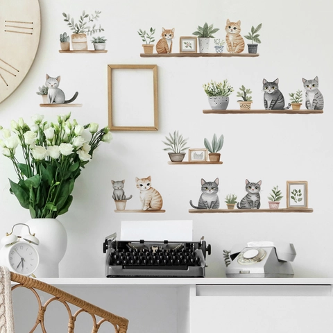 Sticker Mural de Chat de Dessin Animé et Plantes en Pot Aquarelle Décalcomanie Murale Décorative en PVC pour Salon Chambre