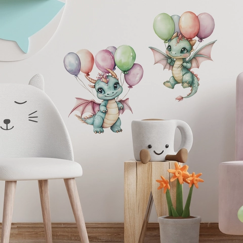 Watercolor Cartoon Dinosaur Wall Sticker Holding Balloons For Kids Nursery Room Decor Removable PVC Wall Decal Home Background Art Mural