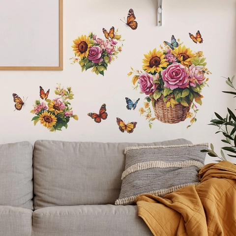 Acuarela Girasol Rosa Cesta de Flores Mariposa Pegatina de Pared Artística Floral Mural para Sala de Estar Dormitorio Hogar Decoración