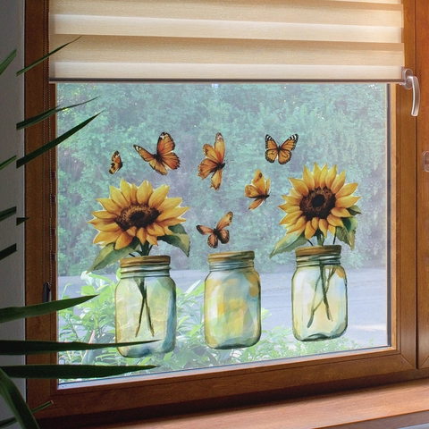 Acuarela Girasol Tarro de Vidrio Pegatinas de Pared Mariposa PVC Extraíble Decorativo Mural para Sala de Estar Dormitorio Cocina Decoración