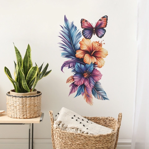 Aquarell Schmetterling Hibiskus Blume Feder Wandsticker Abnehmbare PVC Kunst Wandbild Für Wohnzimmer Schlafzimmer Zuhause Deko