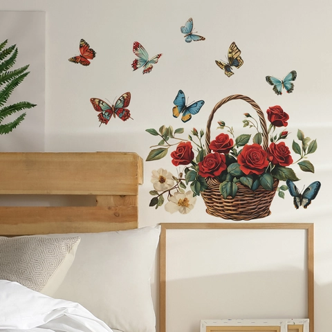 Kleurrijke Rozenmand Vlinder Muursticker Verwijderbare PVC Wanddecoratie Voor Slaapkamer Woonkamer Huis Achtergrond Decor
