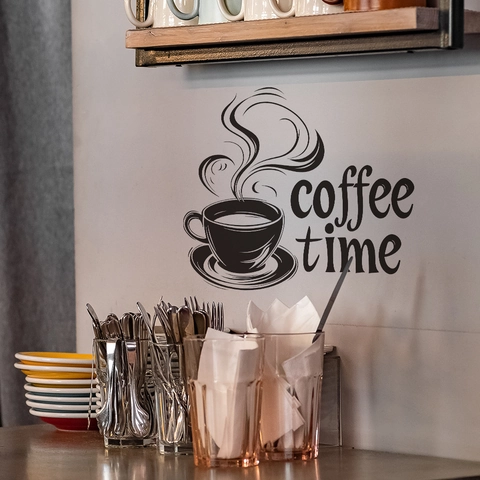 Coffee Time Slogan Wall Sticker PVC DIY Black Coffee Cup Decal For Living Room Kitchen Cafe Wall Decor Modern Minimalist