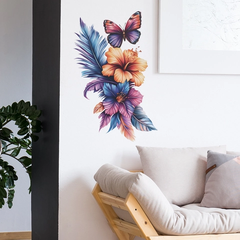 Aquarell Schmetterling Hibiskus Blume Feder Wandsticker Abnehmbare PVC Kunst Wandbild Für Wohnzimmer Schlafzimmer Zuhause Deko